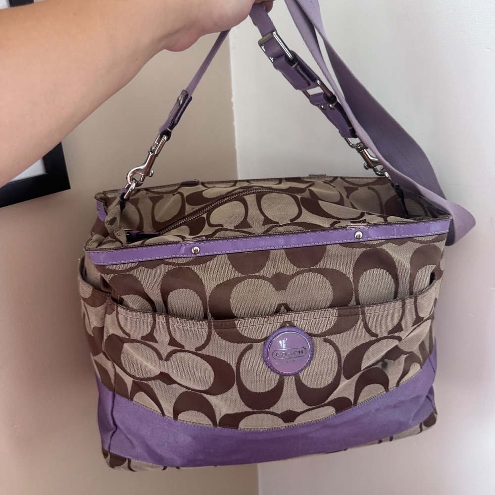 Coach Signature Brown Canvas Purple Trim Diaper Bag Tote F17443